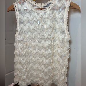 Cream Sleeveless Sheer Sequined Lace Top